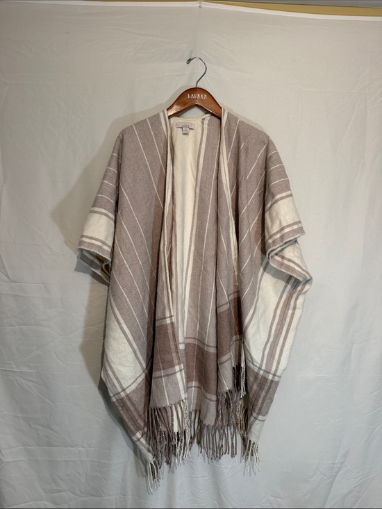 LOFT Sweaters - LOFT Cream and Taupe Striped Fringe Poncho Cape